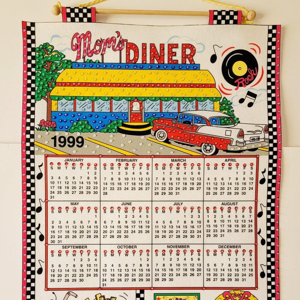 Vintage 1999 Linen Felt Sequin Embellished Calendar Tea Towel, Mom's Diner